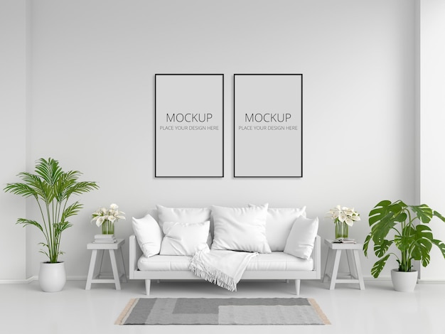 white sofa in white living room with frame
