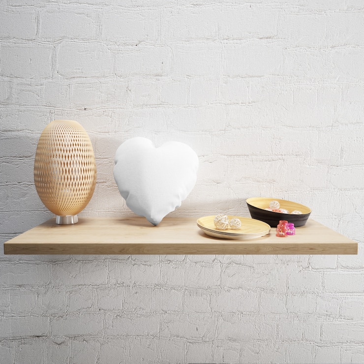 PSD white soft pillow and lamp on a wooden shelf