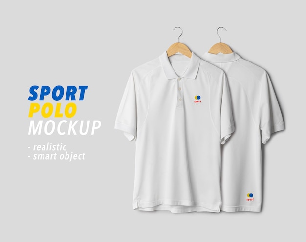 White sport polo shirt mockup hanging front and back view Psd template