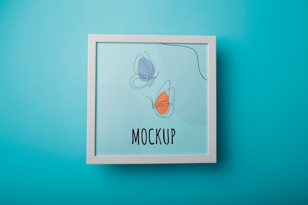 white square frame with blue background