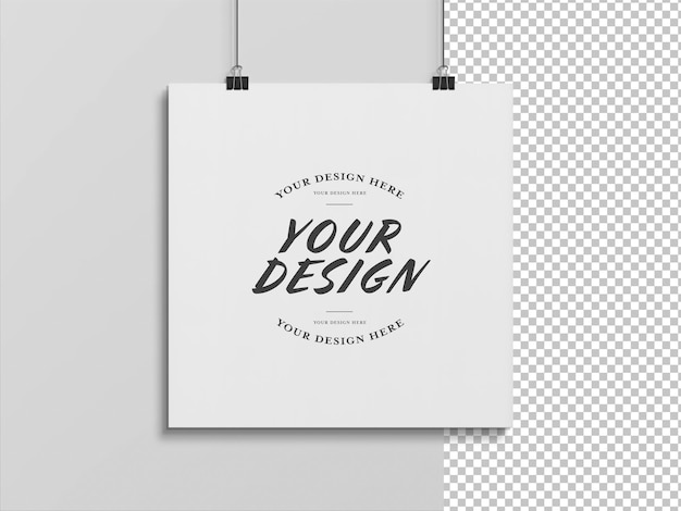 Poster quadrato bianco appeso con clip su un muro bianco mockup