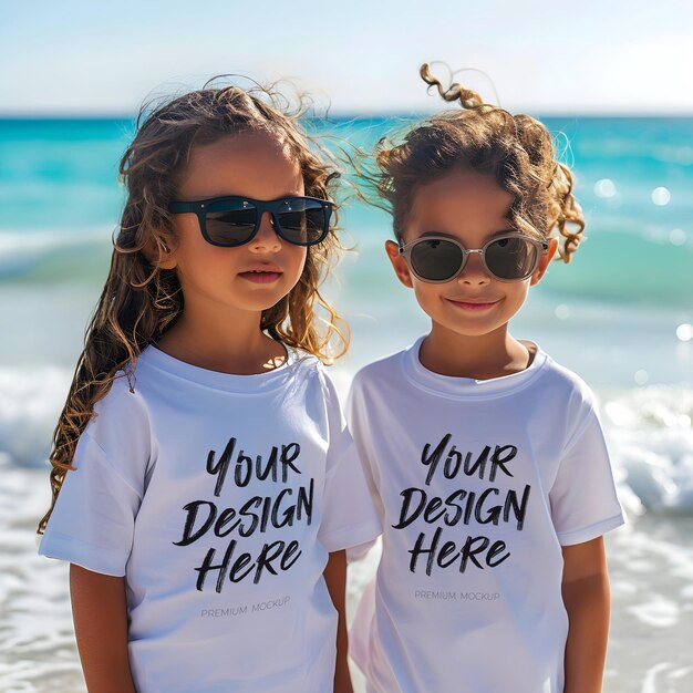 T-shirt bianca con due bambini sulla spiaggia che indossano abiti abbinati