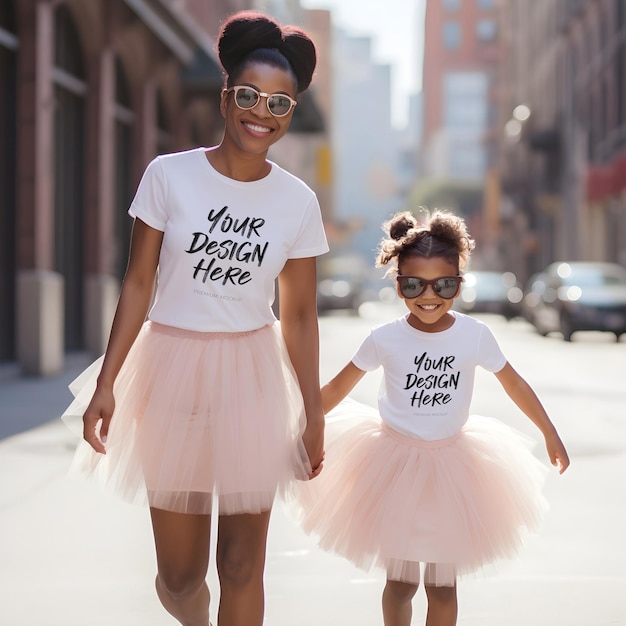 PSD white t shirt psd mock up with mother and doughter wearing matching t shirts