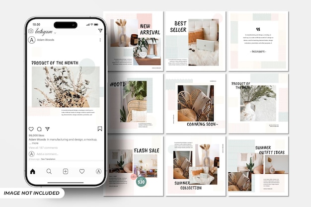 白いテーマのInstagram投稿モックアップテンプレート編集可能なPSD