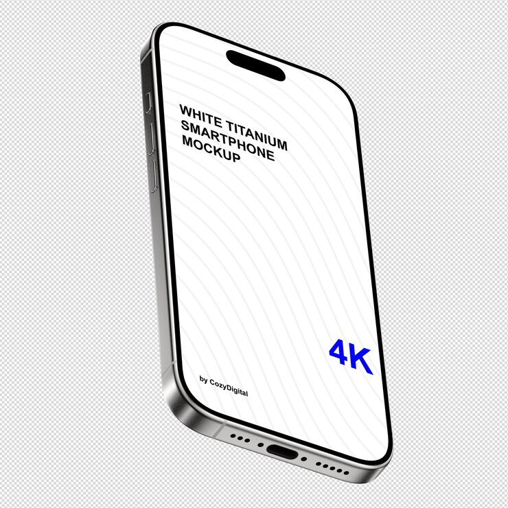 PSD white titanium iphone 16 pro mockup isometric view from below