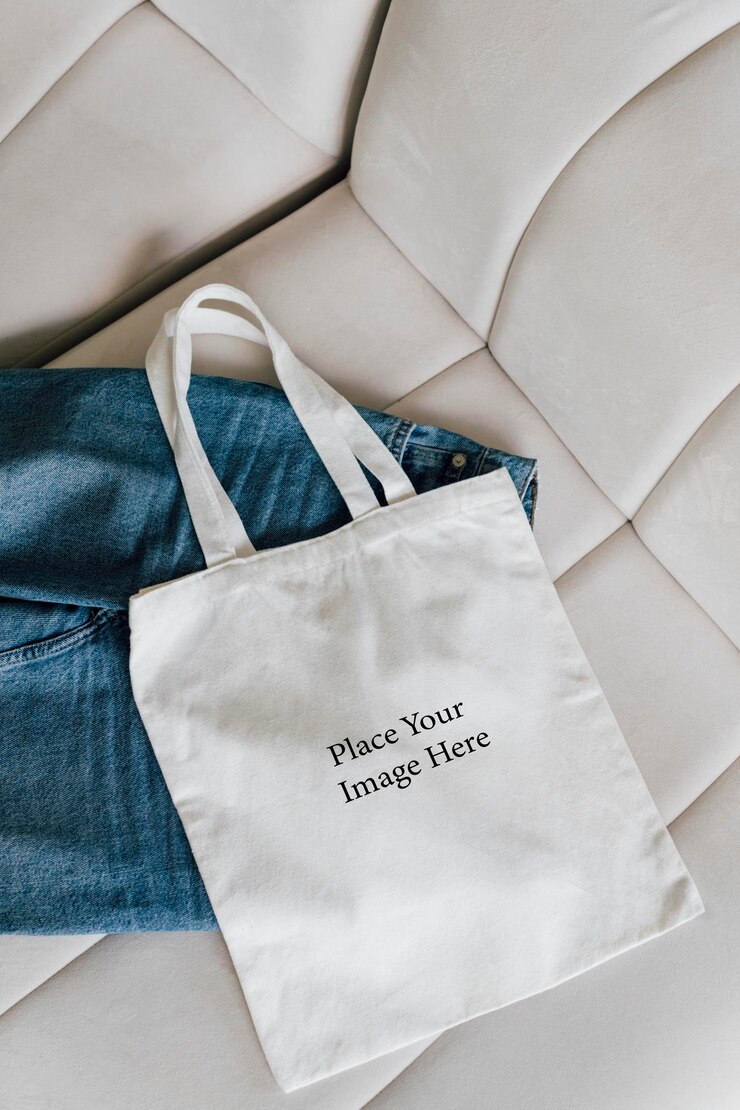 PSD white tote bag on couch with blue jeans psd mockup