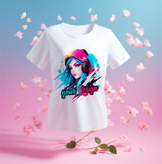 White tshirt mockup on pink and blue background