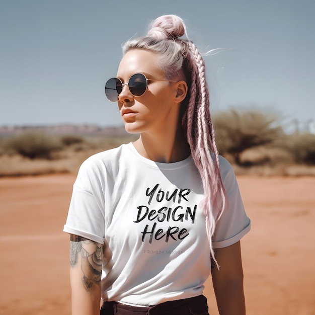 White TShirt Mockup with a Youthful Stunning Female Model with a modern hairstyle and sunglasses