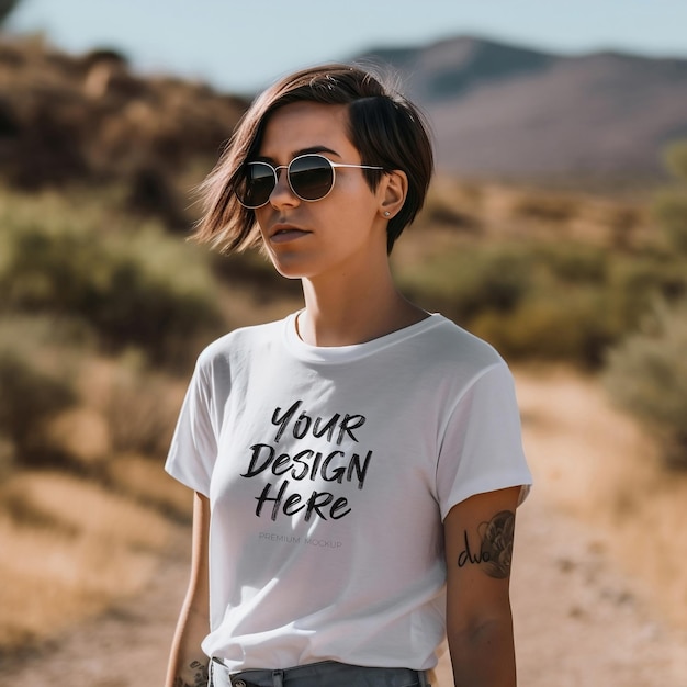 White tshirt psd mockup featuring a gorgeous young woman wearing sunglasses