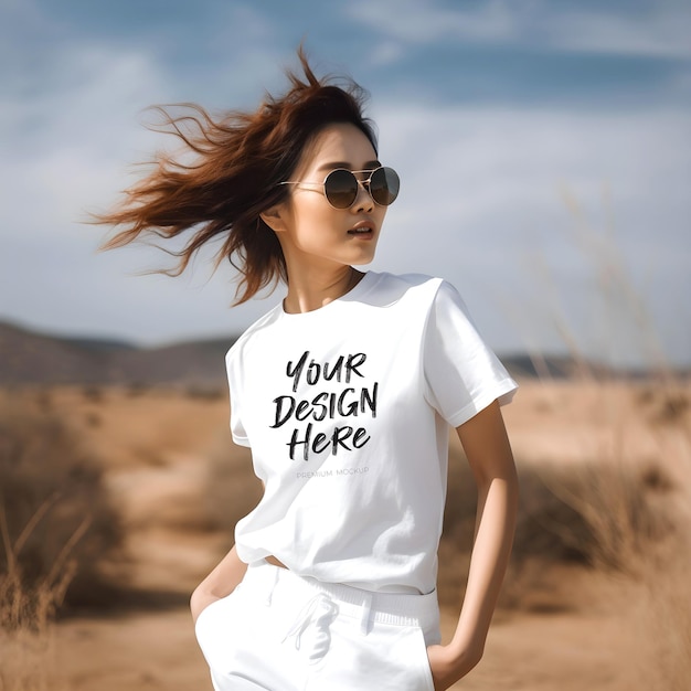 PSD psd макет белой футболки с красивой азиатской женщиной, наслаждающейся природой