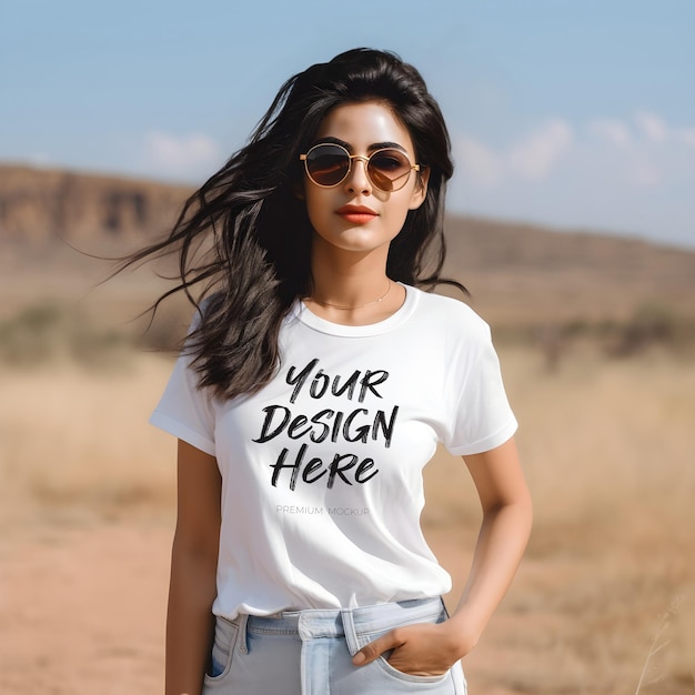 White tshirt psd mockup with a beautiful indian female model with long hair wearing sunglasses