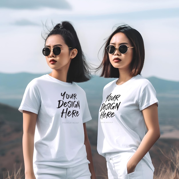 두 명의 현대적이고 아름다운 젊은 아시아 여성과 흰색 TShirt PSD 모형