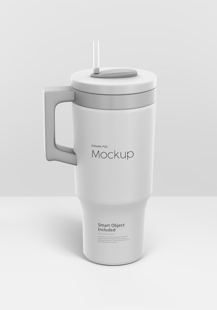 white tumbler mockup with handle and straw
