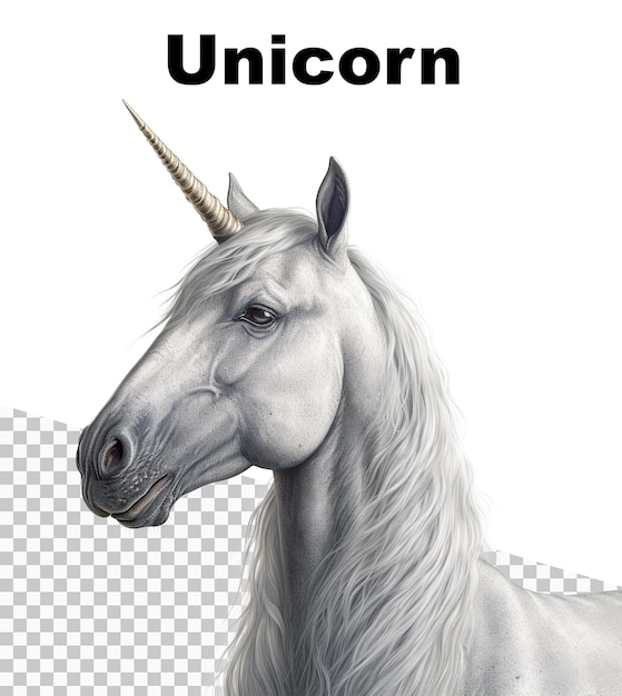 PSD un unicorno bianco con sopra il titolo della parola unicorno.