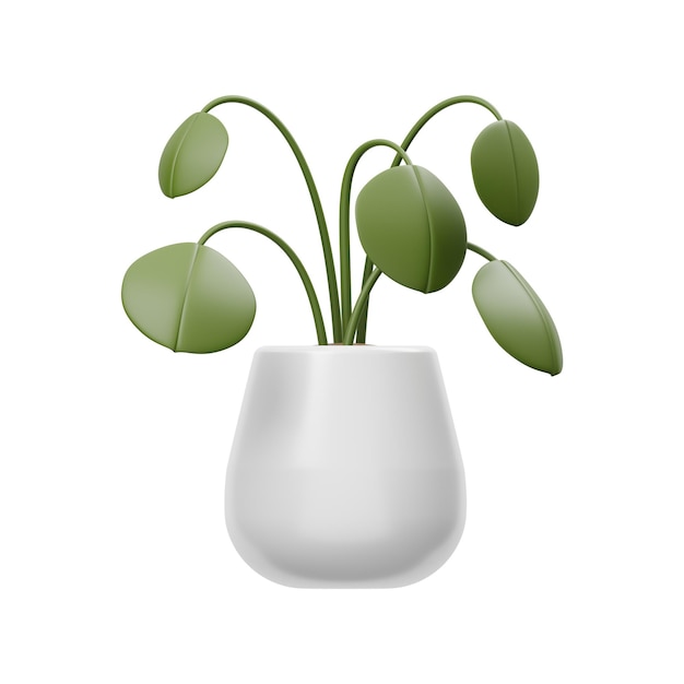 A white vase with a green leafy plant in it.