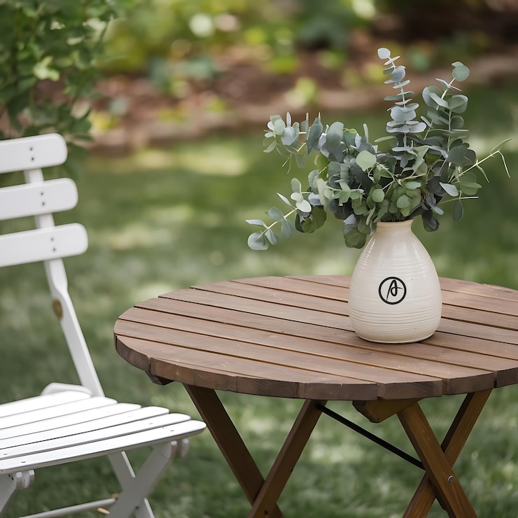 PSD a white vase with a letter h on it sits on a wooden table
