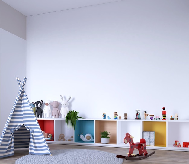 PSD white wall for wall mockup in cute kids bedroom