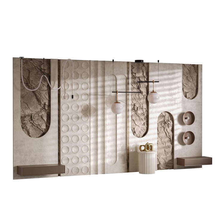 PSD a white wall with a lot of different shapes and designs the wall is decorated with a lot of lights and a few pieces of art scene is modern and sophisticated