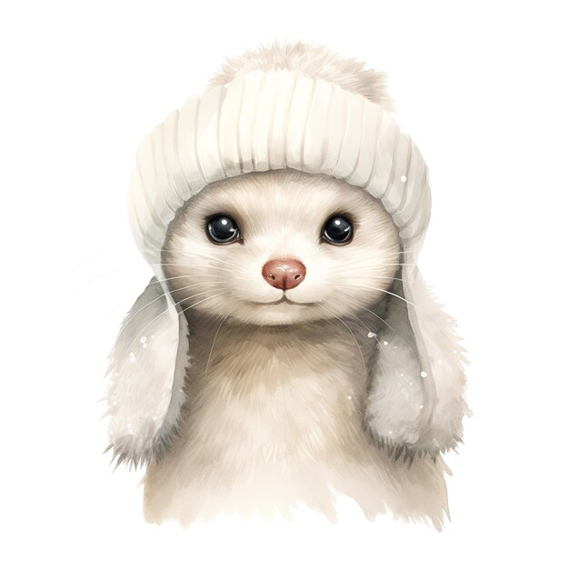 PSD white weasel wearing winter clothes for christmas event watercolor style ai generated