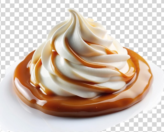 PSD white whipped cream on caramel syrup isolated on transparent background