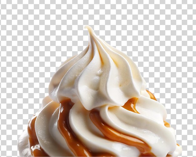 PSD white whipped cream on caramel syrup isolated on transparent background