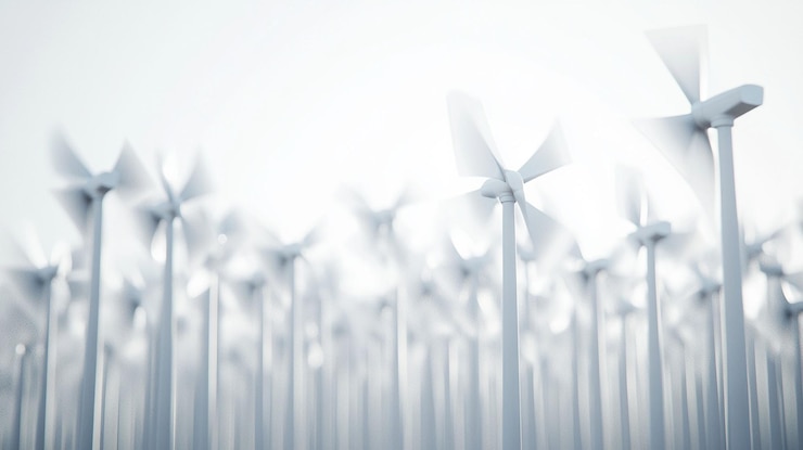 PSD white wind turbines spinning in a field blurred motion effect