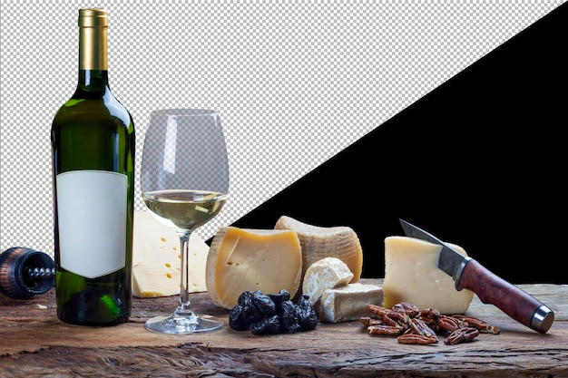 White wine bottle with cheese