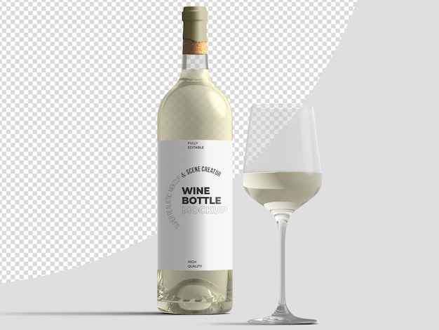 PSD bottiglia di vino bianco con modello di vetro mockup