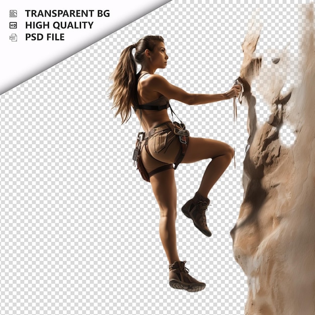 White woman climbing ultra realistic style white backgrou