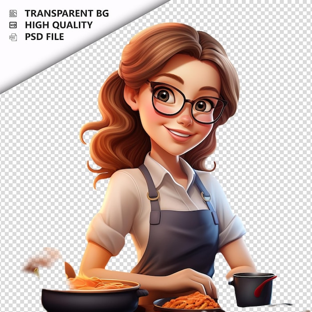 PSD donna bianca che cucina in 3d in stile cartone animato con sfondo bianco iso