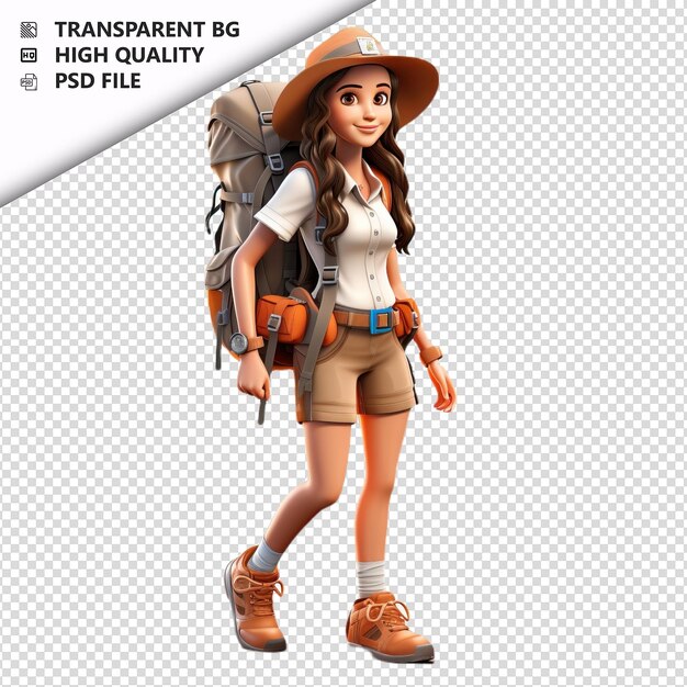 PSD white woman hiking 3d cartoon style white background isol
