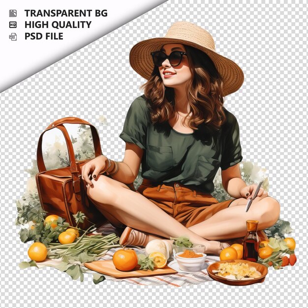 PSD white woman picnicking ultra realistic style white backgr