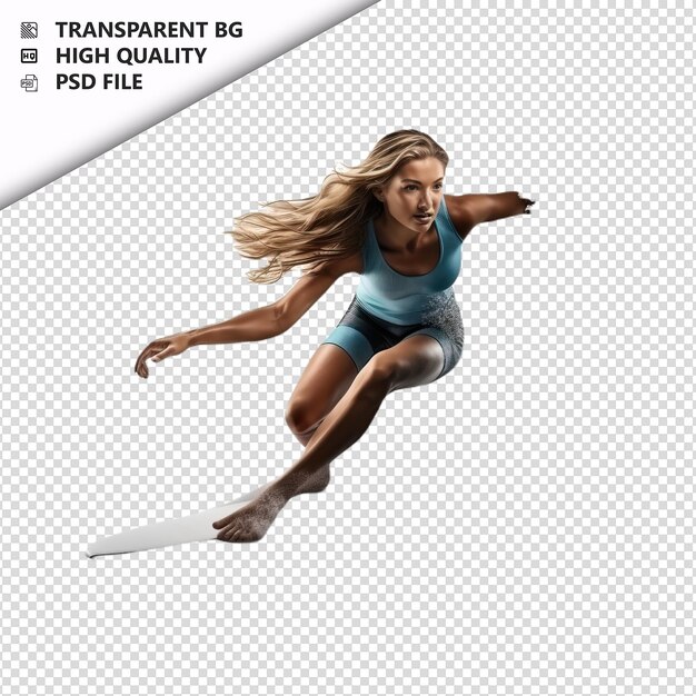 PSD white woman surfing ultra realistic style white backgroun