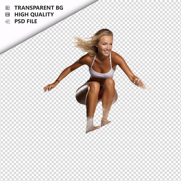 PSD white woman surfing ultra realistic style white backgroun