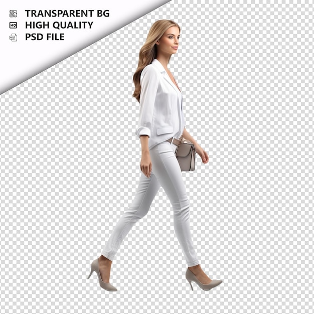 White woman walking 3d cartoon style white background iso