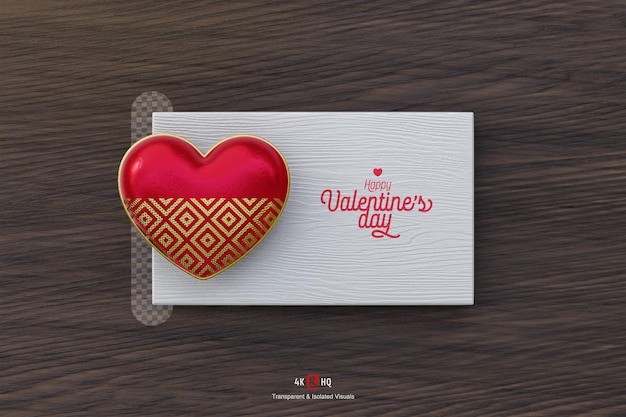 White wood textured card mockup with golden red love hearts