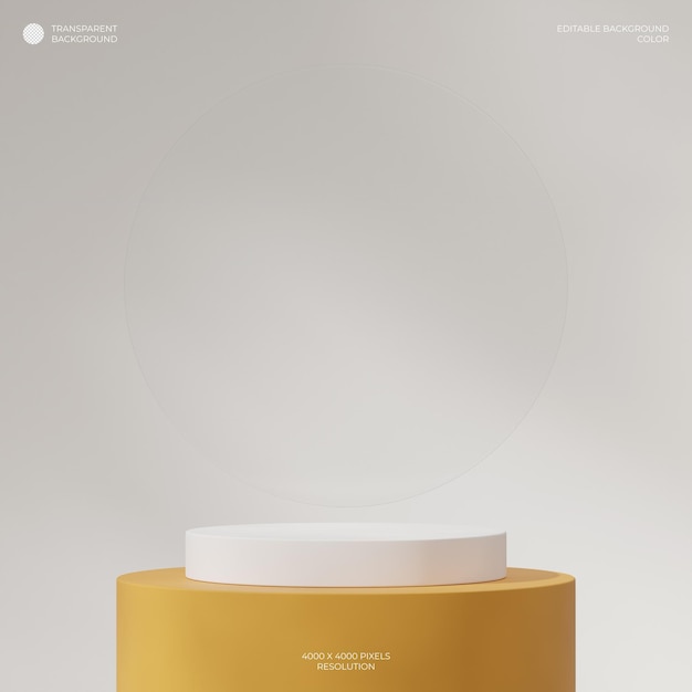 white and yellow cylinder podium in square glass circle 3d render of transparent background