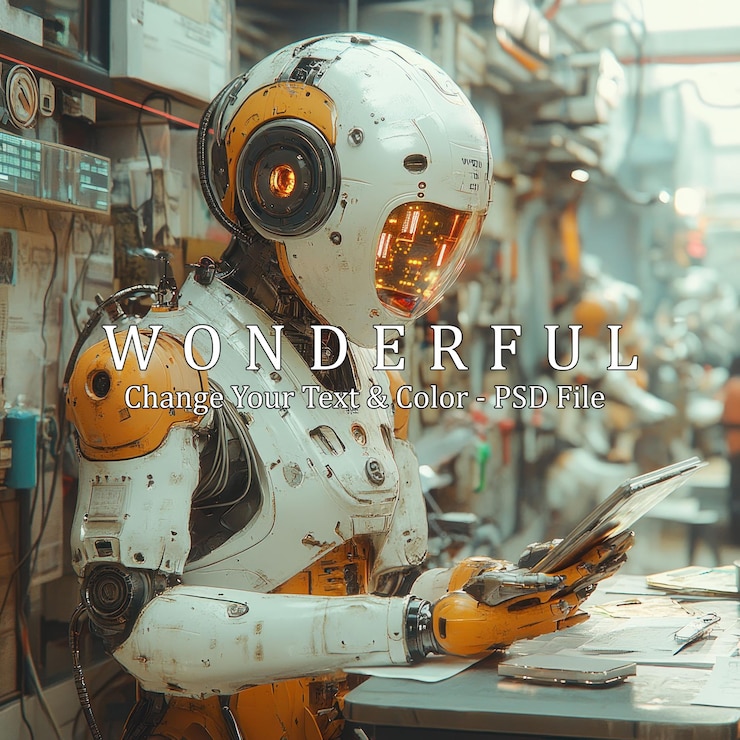 PSD a white and yellow robot with a helmet and glowing eyes sits at a desk in a workshop holding a tablet
