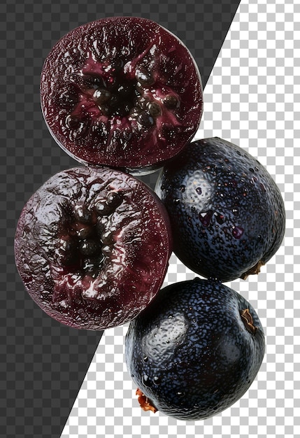 透明な背景に水滴が付いている黒いアサイベリー (acai berry)