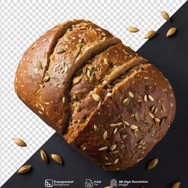 Pane biologico a grano intero con semi di zucca fotografati dall'alto isolati.