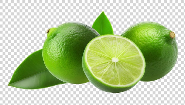 PSD whole and half limes with green leaves on transparent background