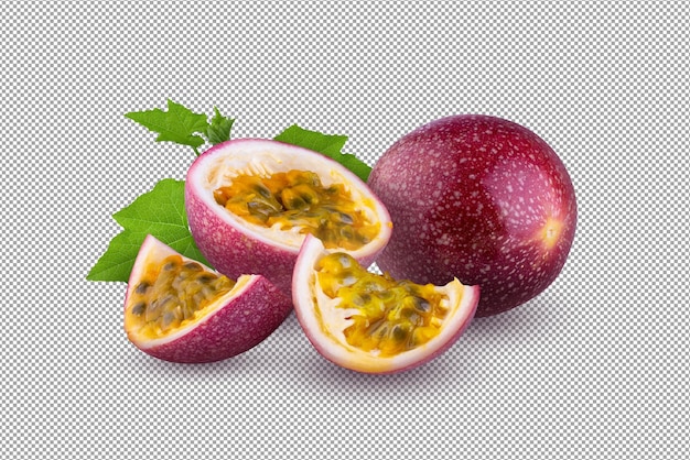 PSD whole passionfruit and a half of maracuya isolated on alpha background.