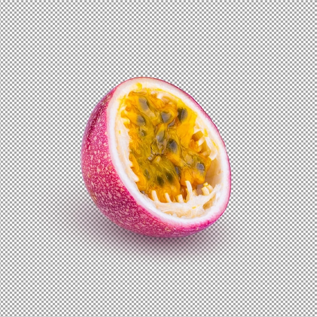 Whole passionfruit and a half of maracuya isolated on alpha background.