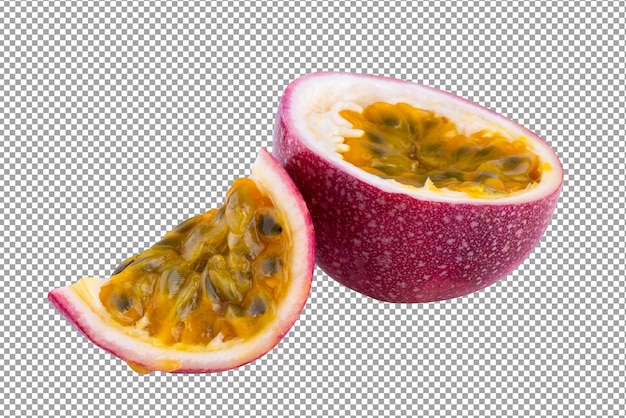 PSD whole passionfruit and a half of maracuya isolated on white background