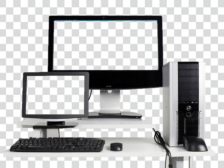 PSD whole pc desktop computer setup with transparent screen before png background