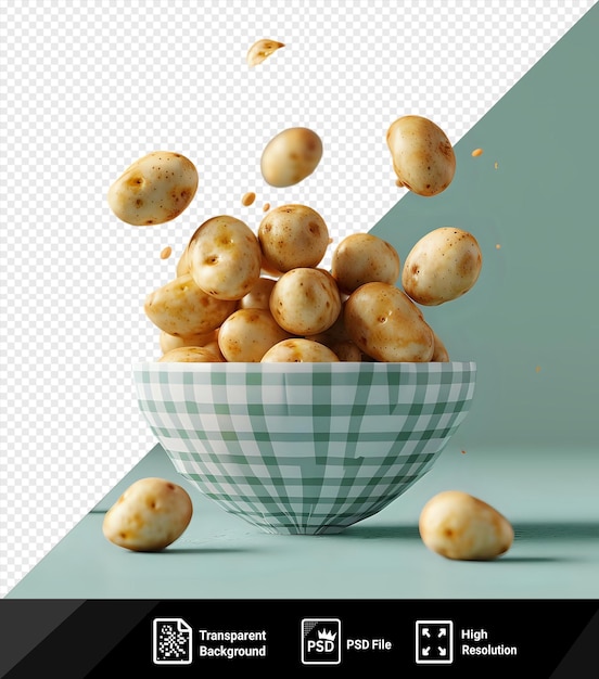 PSD whole potatoes mockup falling into a bowl on a transparent background against a green and blue wall png