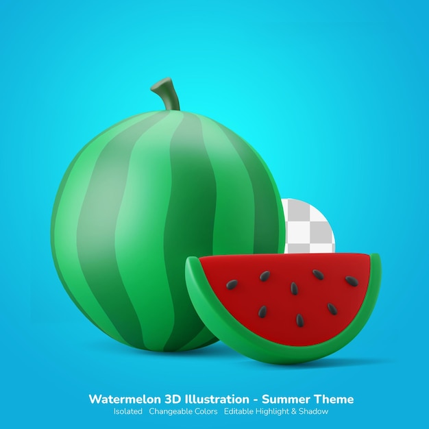 PSD whole and sliced fresh watermelon 3d illustration 3d icon editable color isolated