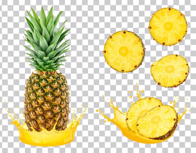 whole tropical pineapple with crown round crosssectional slices and juicy pineapple rings png
