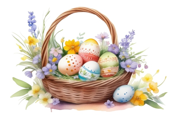 PSD wicker basket with easter eggs and meadow spring flowers watercolor transparent background