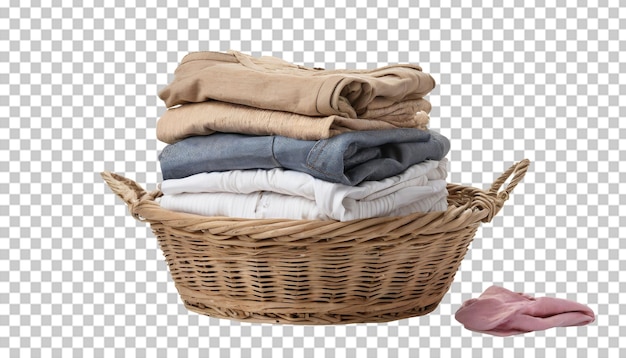 Wicker basket with folded clothes isolated on transparent background